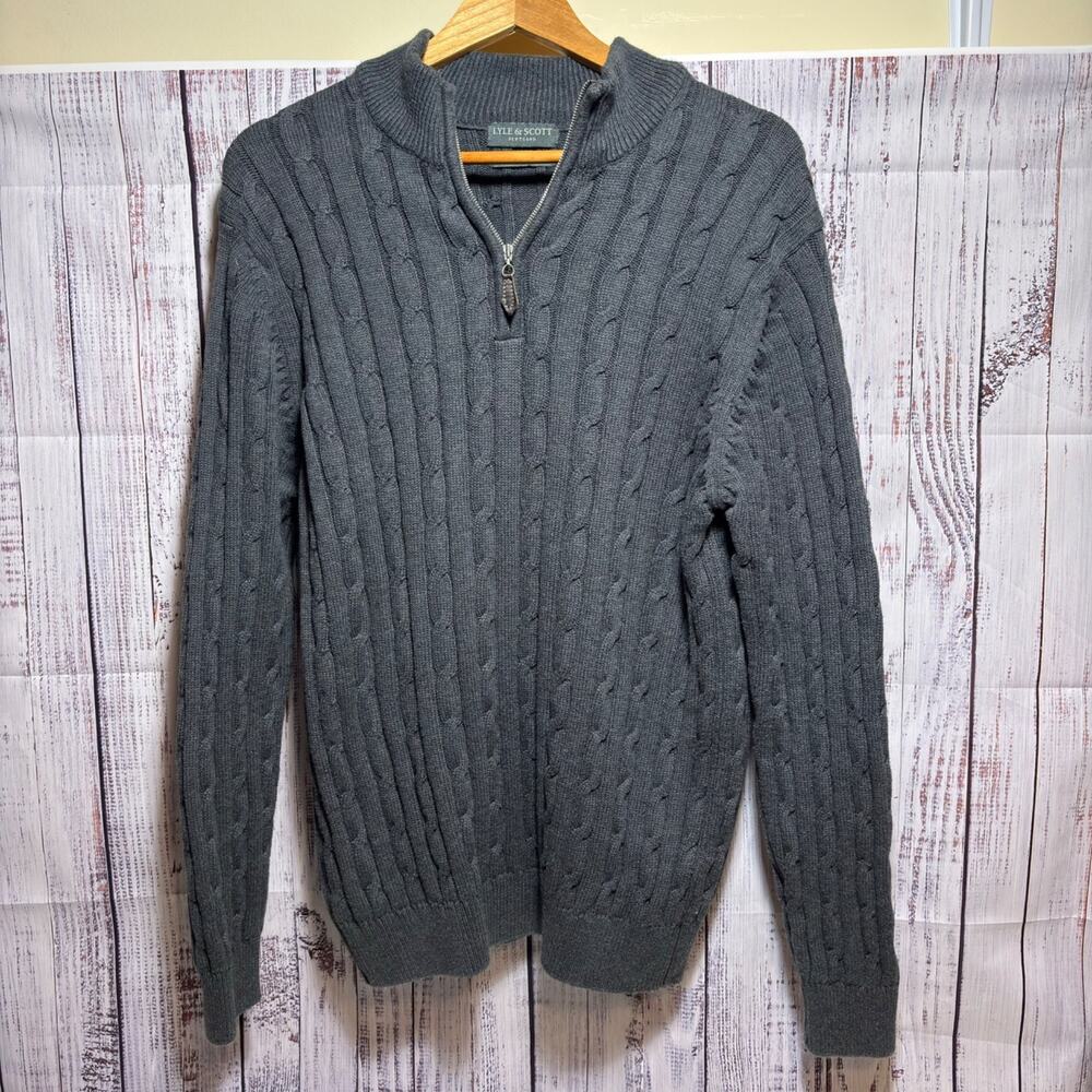 Lyle & Scott Scotland Mens Medium Cable Knit 1/4 Zip Sweater Gray Combed Cotton